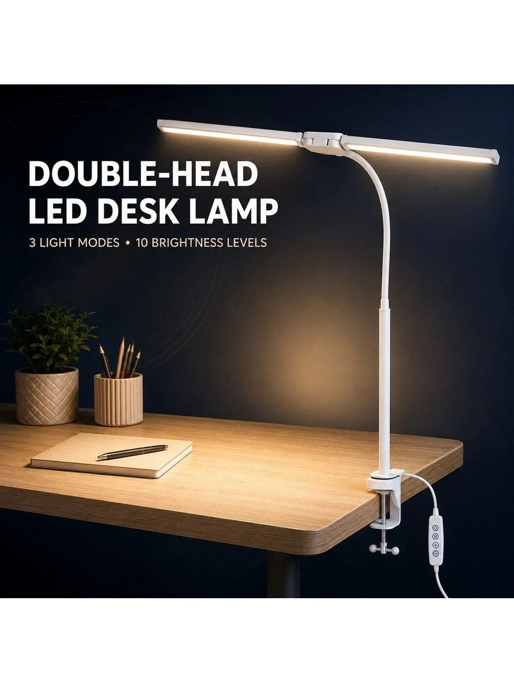 Double Head LED Desk Lamp Clamp 3 Modes 10 Brightness Memory USB White